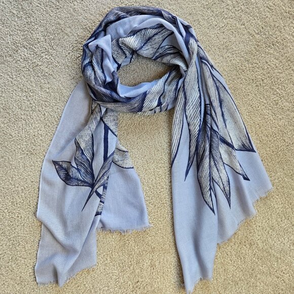 Kinross Silk Cashmere Scarf Blue Leaves - Picture 13 of 15